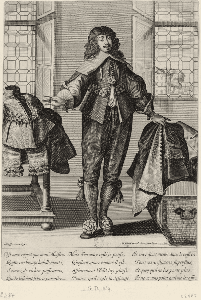 Abraham Bosse, Un laquais debout serre les habits de son maître, eau-forte, 287 x 200 mm., vers 1630.