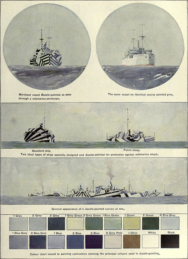 Conception artiste de la vue d'un périscopique d'un U-boot sur un navire marchand camouflé et non camouflé - Norman Wilkinson | Domaine public