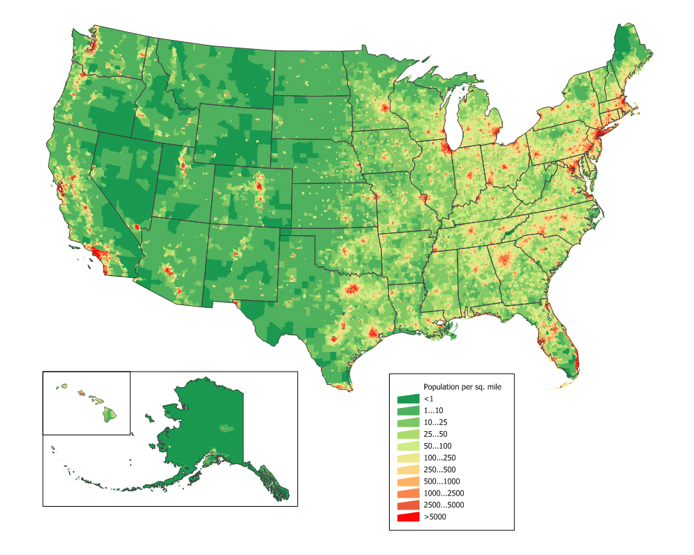 Densité de population des États-Unis par milles - JimIrwin (pseudo Wikipédia) | Creative Commons BY-SA 3.0