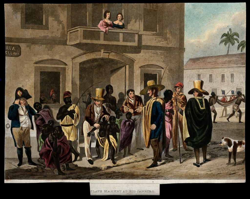 Européen examinant des esclaves au marché aux esclaves de Rio de Janeiro (Brésil), avant 1857 - Edward Francis Finden | Creative Commons BY 4.0