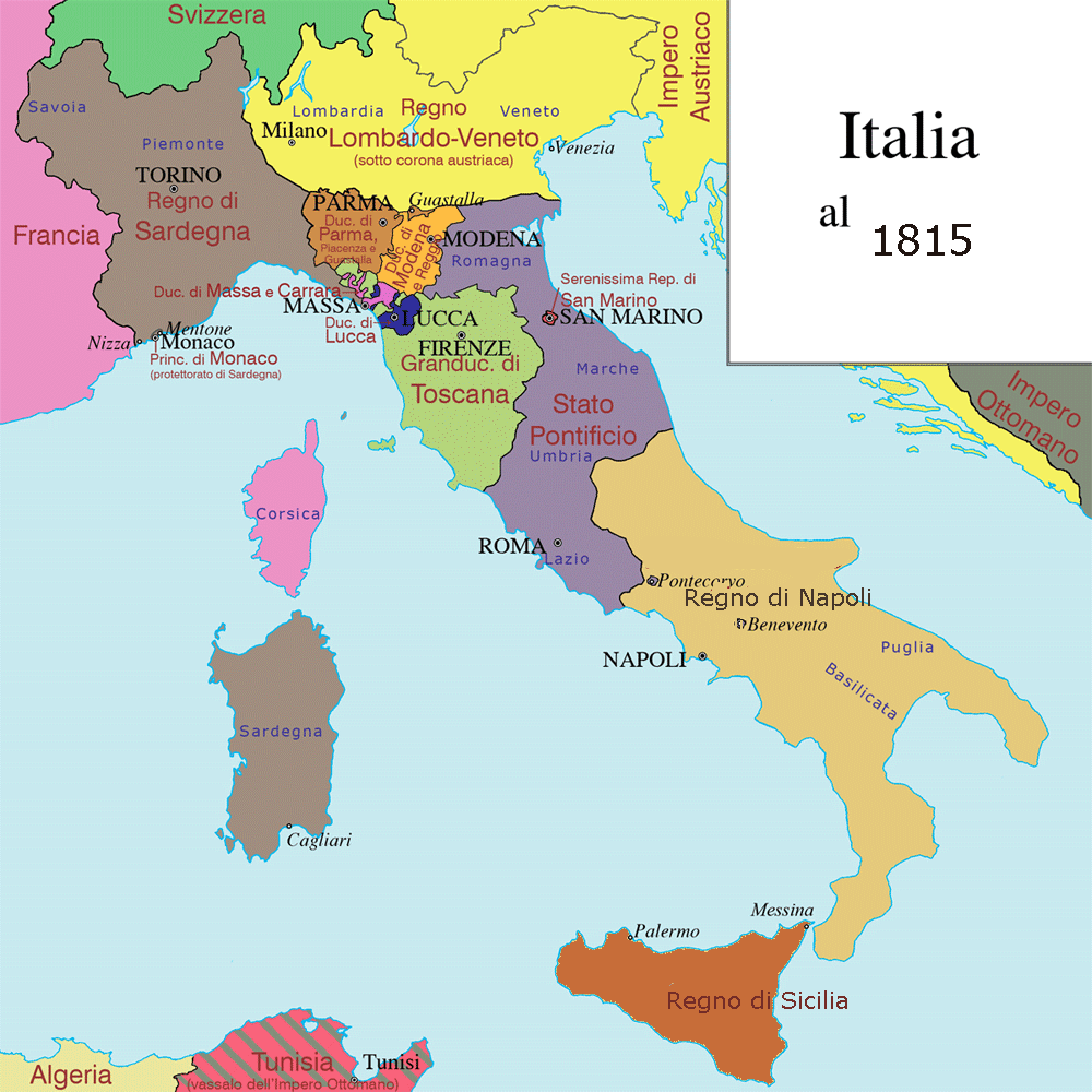 Le découpage de l'Italie après le congrès de Vienne et le Traité de Paris de 1815.