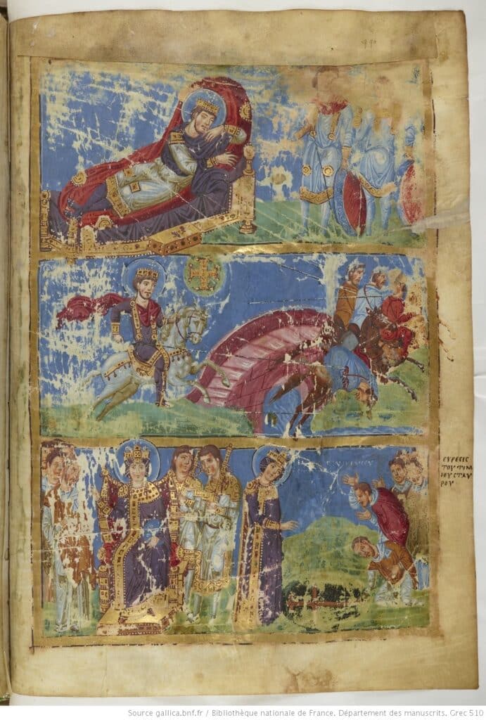 Songe de Constantin Ier et bataille du pont Milvius, illustration des Homélies de Grégoire de Nazianze, 879-882.