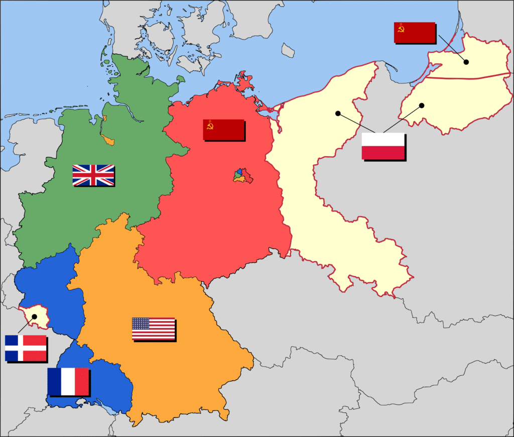 Carte des zones d'occupation de l'Allemagne : le protectorat français de la Sarre apparait en blanc-crème, comme la Silésie, la Poméranie et les autres régions allemandes orientales annexées par la Pologne et l'Union Soviétique - 52 Pickup (Pseudo Wikipédia) | Creative Commons BY-SA 2.5