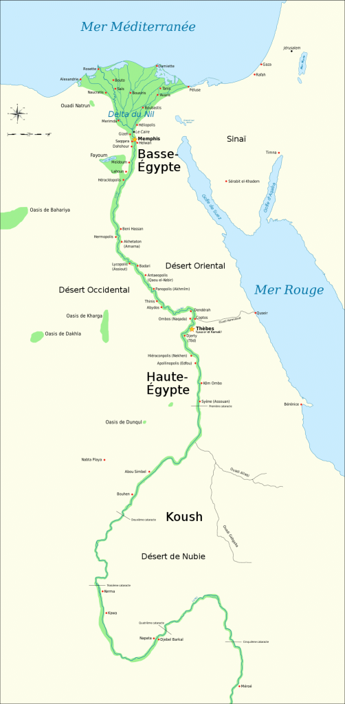 Carte de l'Egypte antique, montrant le Nil jusqu'à la cinquième cataracte et les principaux sites de la période dynastique (v. 3150-30 av. J.-C.). Le Caire et Jérusalem sont représentées comme villes de référence - auteur Jeff Dahl