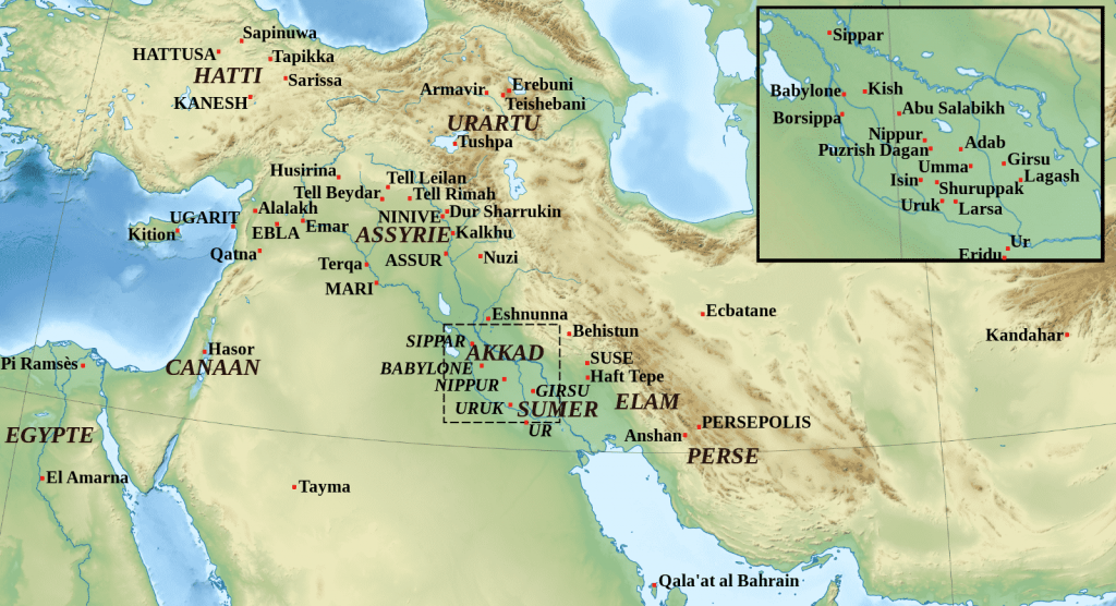 Carte localisant les sites archéologiques qui ont livré le plus de tablettes cunéiformes - Sémhur | Creative Commons BY-SA 2.0