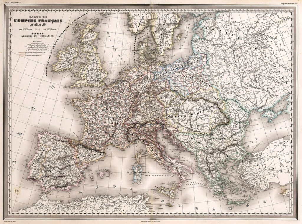 Carte de l'Empire Français en 1812 divisé en 130 départements, avec les Royaumes d'Espagne, de Portugal, d'Italie et de Naples et la Confédération du Rhin, l'Illyrie et la Dalmatie - Dufour, Auguste-Henri | Domaine public