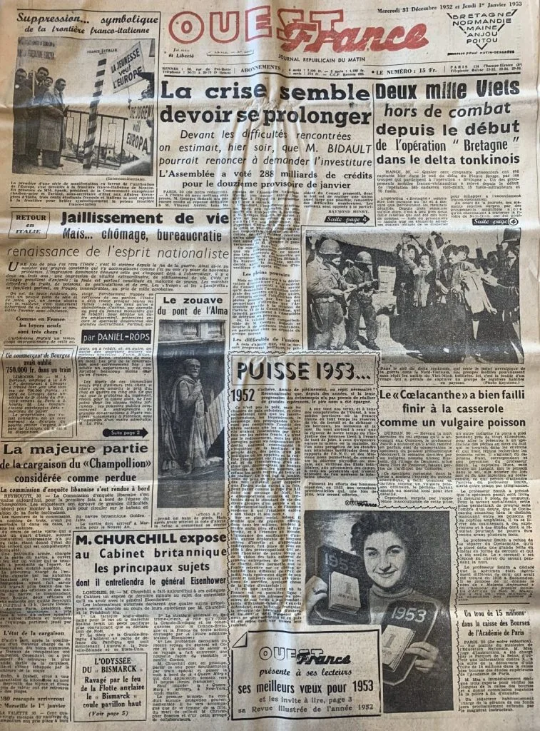 Archive départementale d’Angers, L’Ouest France, Une du 31 décembre et du 1er Javier 1952 et 1954, 88JO