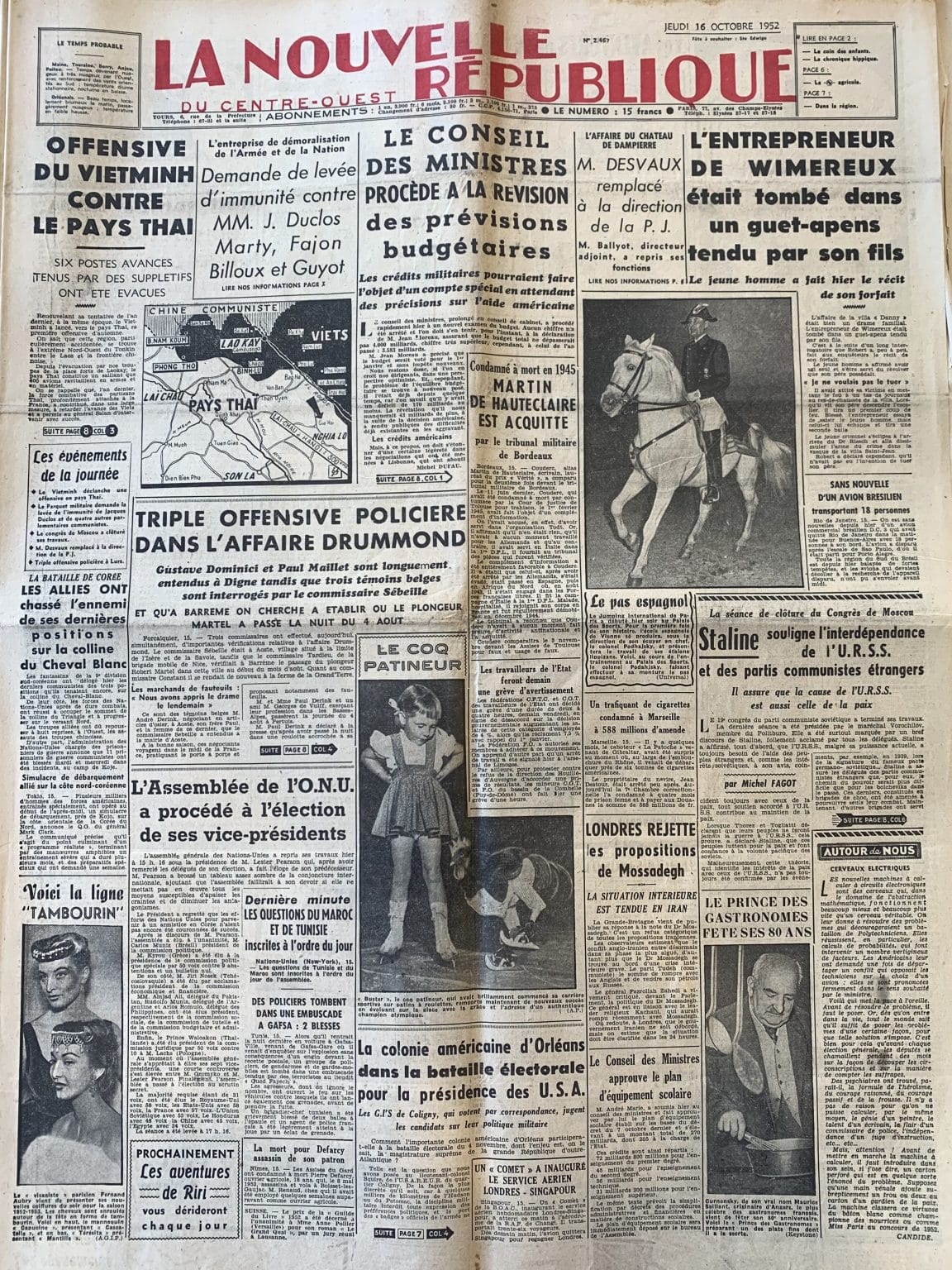 Archive départementale d’Angers, La Nouvelle République, Une du 18 et 19 octobre 1952, 84JO8