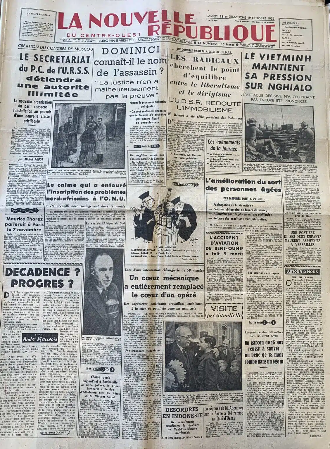 Archive départementale d’Angers, La Nouvelle République, Une du 18 et 19 octobre 1952, 84JO8