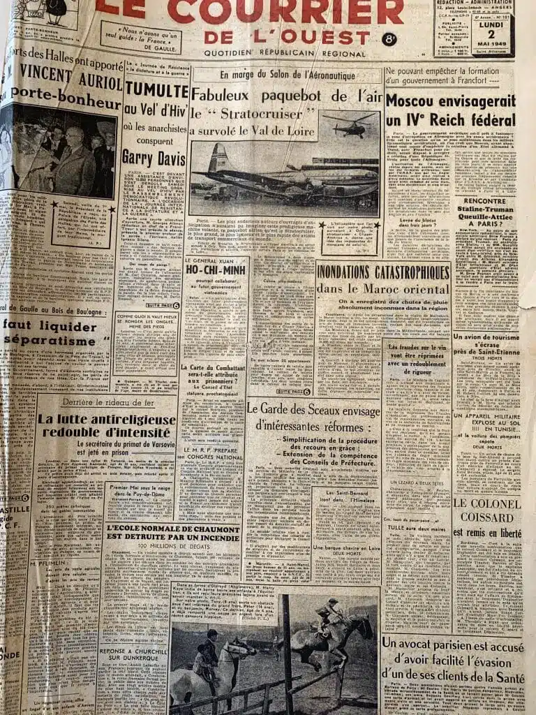 Archive départementale d’Angers Le Courrier de l’Ouest Une du 2 mai 1949 30JO8