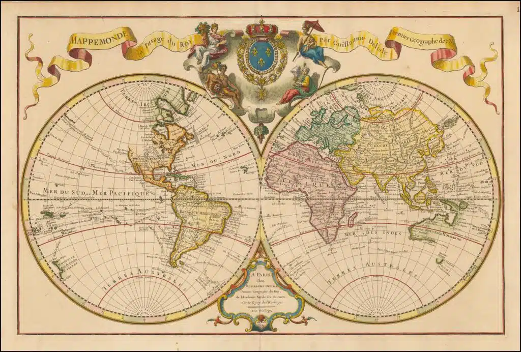 Mappemonde a l’usage du Roy a été publié en 1720 à Paris. Elle a été réalisée par Guillaume Delisle à l’intention de Roi, Louis XV. L’œuvre mesure 44 centimètres sur 68 centimètres. Un exemplaire est conservé à la BnF. - études des planisphères