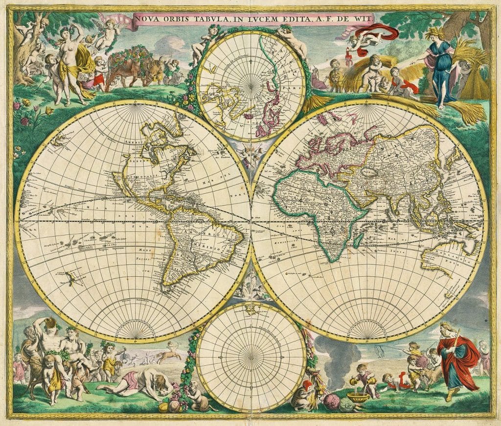 Nova Orbis Tabula in Lucem Edita a été publiée entre 1660 à Amsterdam. Elle a été réalisée par Frederik de Wit. C’est une carte à double hémisphère. Aujourd’hui un exemplaire est conservé à la bibliothèque royale de Belgique. - études des planisphères