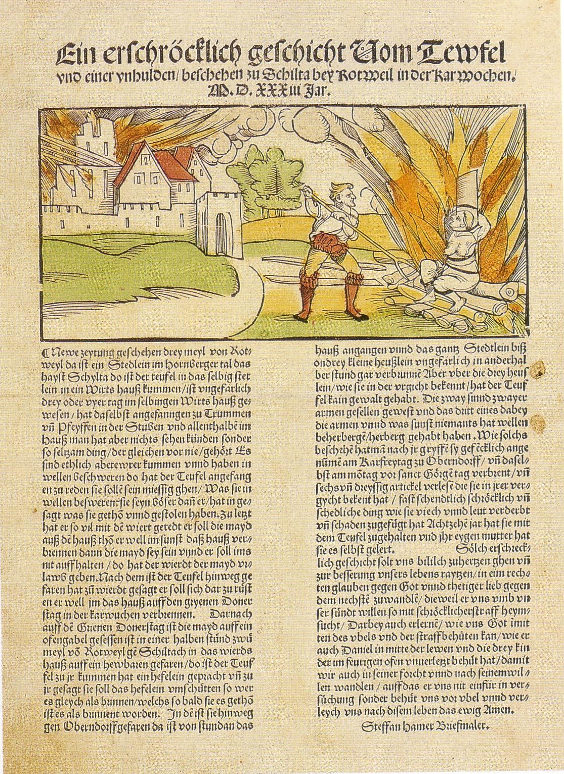 Un résumé de 1533 relatant l’exécution d’une sorcière accusée d’avoir brûlé la ville de Schiltach en 1531.