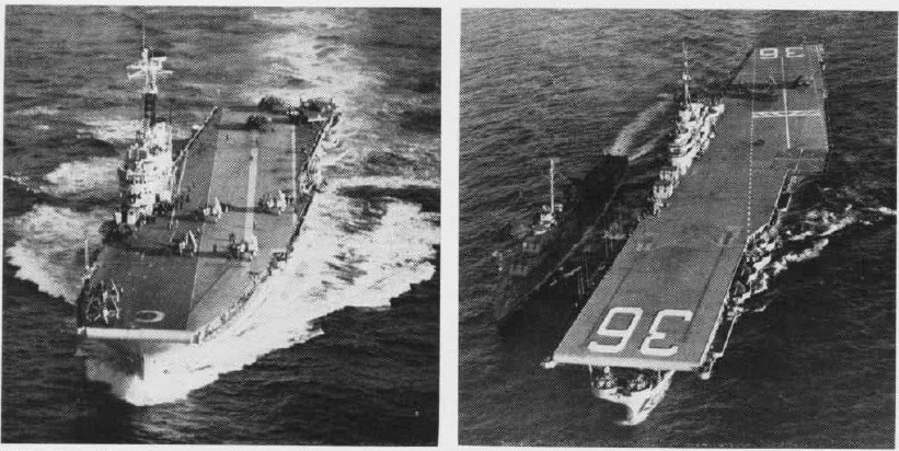 Innovation technologique majeure, le pont d'envol oblique, ici à 5,5° sur l'HMS Centaur et à 10,5° sur l'USS Antietam (autour de 1955) - U.S. Navy | Domaine public