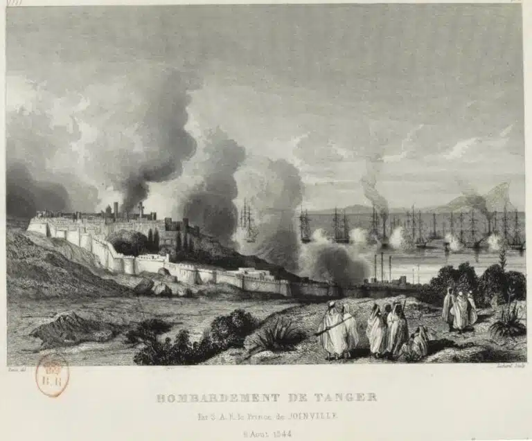 Bombardement de Tanger en août 1844 par l'escadre du prince de Joinville. Image extraite du Voyages autour du monde et naufrages célèbres.... Tome 8, par le capitaine G. Lafond - Ch. Hugo, Amédée R | Domaine public