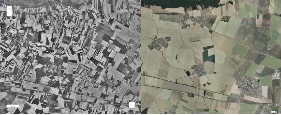 Les effets du remembrement, de la spécialisation et de l’agrandissement des fermes dans la Beauce. Image tirée de l’outil Remonter le temps de l’IGN