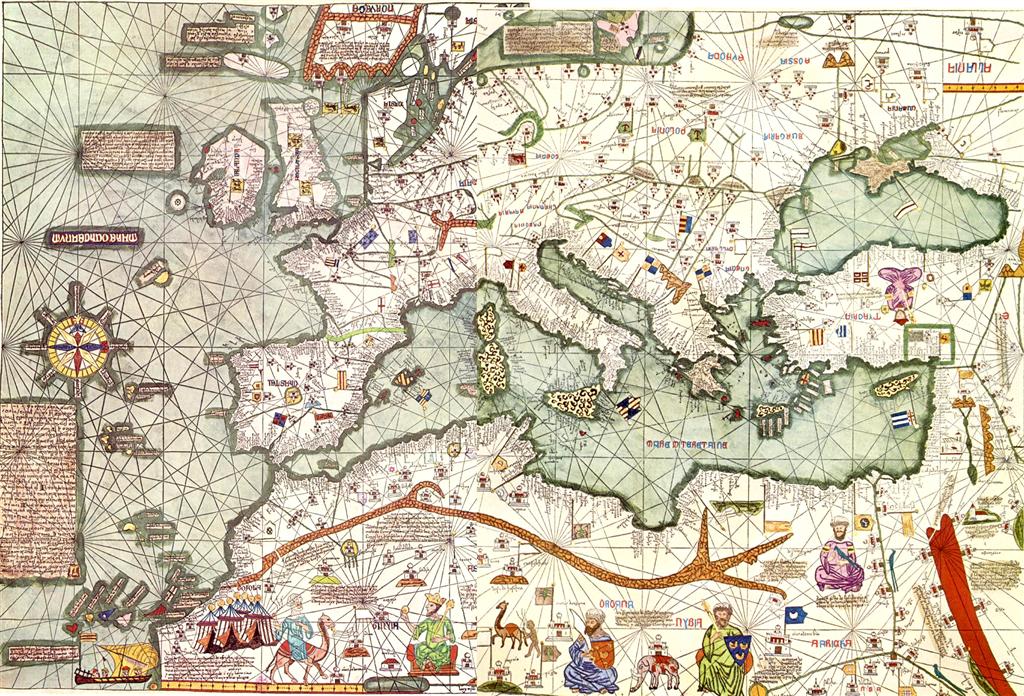 Atlas catalan (1375) : reconstitution de la partie occidentale de la carte, copie du XX° siècle - Reproduction de l'Atlas catalan du XXe siècle | Domaine public