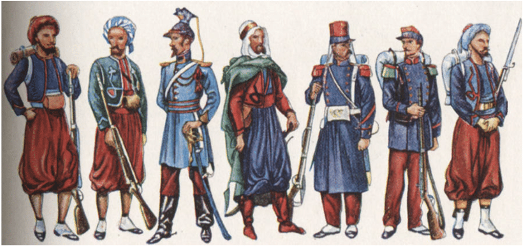 Zouave (1831) - Turco (1831) - Chasseur d'Afrique (1832) - Spahi (1834) - Légionnaire (1840) - Légionnaire (1867) - Zouave (1867) | Domaine public