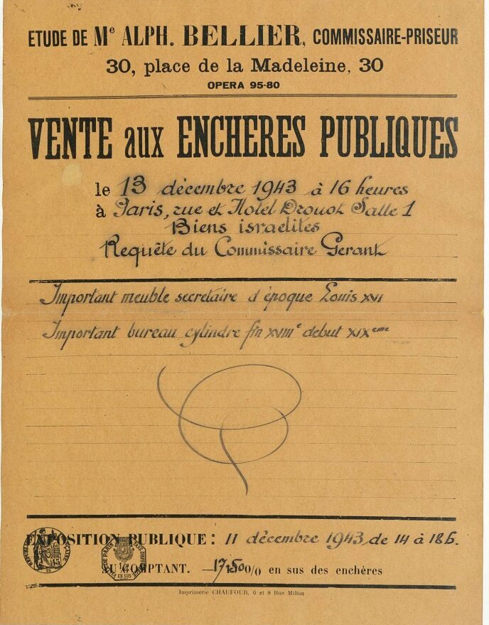 Affiche d'une vente d'un bien juif, sous la régime de Vichy