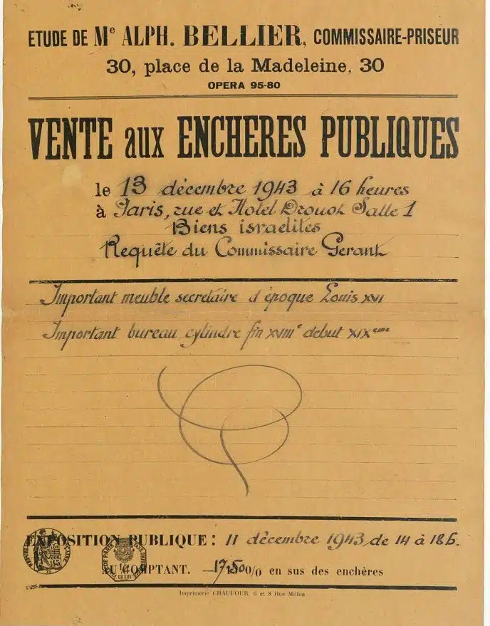 Affiche d'une vente d'un bien juif, sous la régime de Vichy