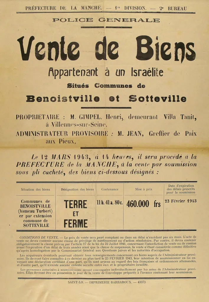 Archive d'une vente d'un israélite par le régime de Vichy