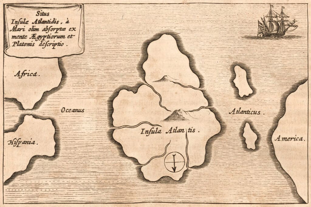 Carte fantaisiste de l'Atlantide (1678) d’Athanasius Kircher, Mundus Subterraneus (le nord est en bas)