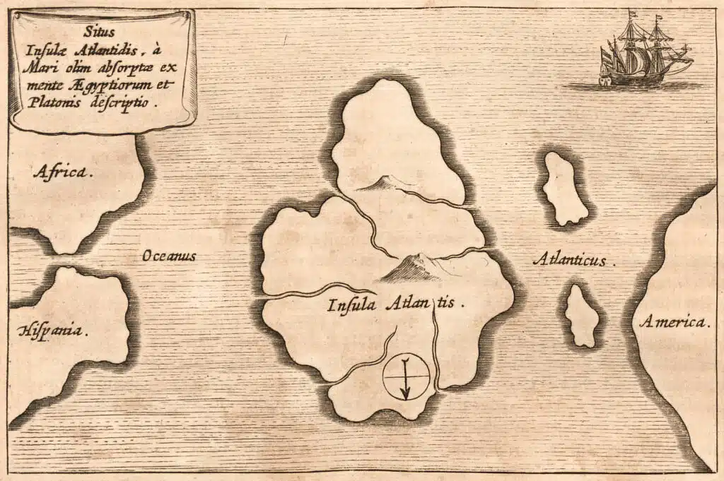 Carte fantaisiste de l'Atlantide (1678) d’Athanasius Kircher, Mundus Subterraneus (le nord est en bas) - Athanasius Kircher | Domaine public