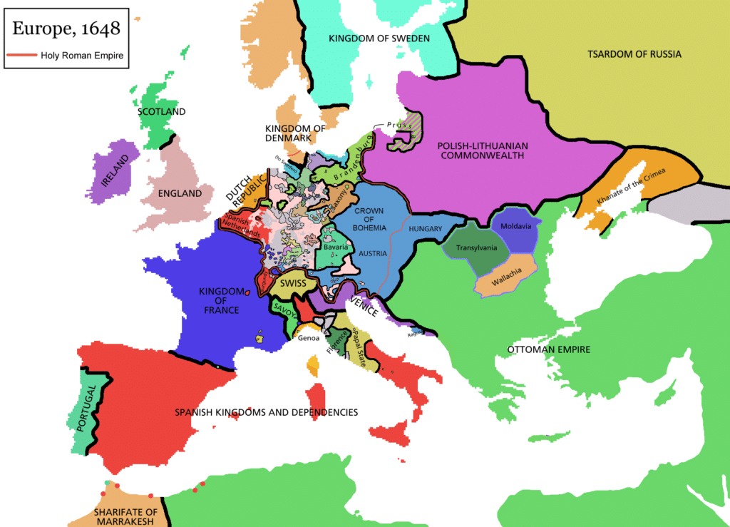 Carte simplifiée de l'Europe après la paix de Westphalie en 1648 - Rake (pseudo Wikipédia) | Creative Commons BY-SA 3.0