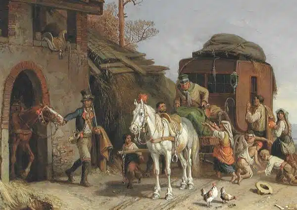 Changement de chevaux au relais de poste - Œuvre de Heinrich Bürkel | Domaine public