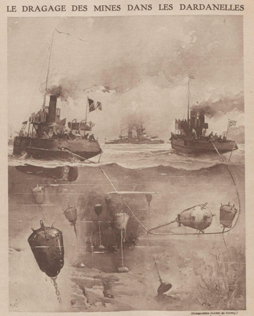 Dragage des mines dans les Dardanelles en 1915 par les troupes franco-britanniques - 	Carrey | Domaine public