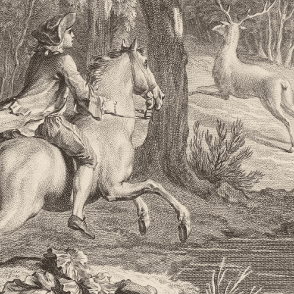 Illustration de la Fable de la Fontaine « Le cheval s’étant voulu venger du cerf », mettant en scène la domestication d’un cheval par un homme - Noël Le Mire | Domaine public