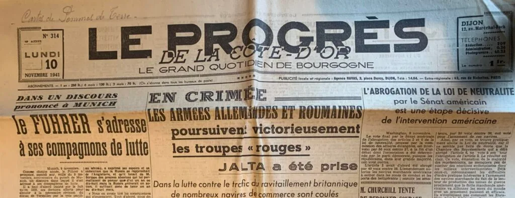 Le Progrès du 10 novembre 1941, avec la mention "Carte de Pommes de terre" - Augustin Remond | Domaine public