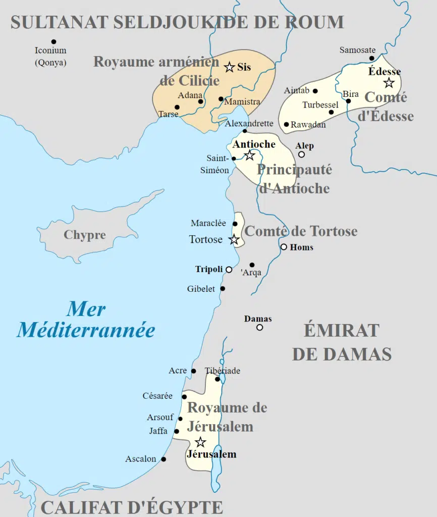 Les États latins d'Orient en 1102, peu après la première croisade - Odejea | Creative Commons BY-SA 3.0