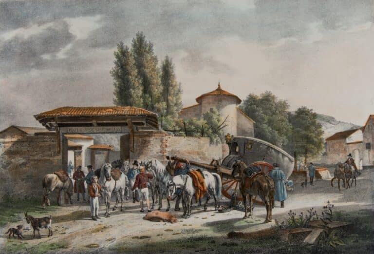 Malle-poste au relais, 1805, Victor-Jean Adam, d’après Jean-Antoine Duclaux 1817 – Lithographie Victor-Jean Adam | Domaine public