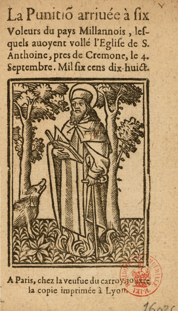 Page de titre à propos d'un vol commis dans une église en Italie. On peut y voir une illustration de saint Antoine, étant donné que l'église était dédié à ce dernier.