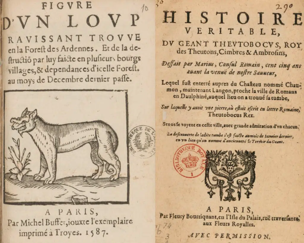 Deux canards, un sur un loup, un autre sur un géant, issus des collections de la BnF - Source gallica.bnf.fr | Domaine public