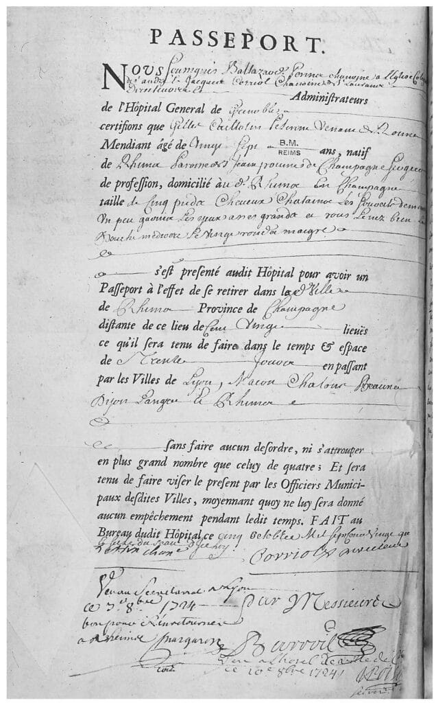 Passeport de Gilles Caillotin, un « mendiant » qui effectue le pèlerinage à Rome. Il part le 1er septembre 1724.