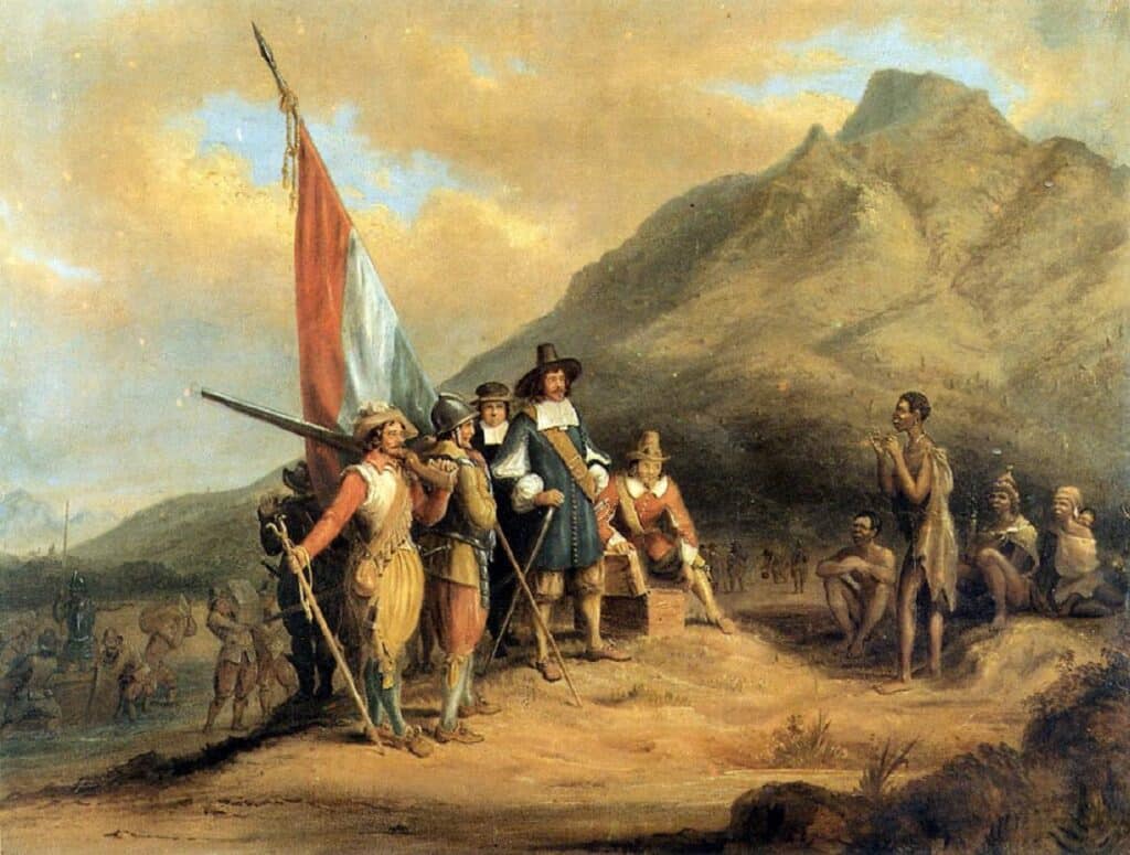 Arrivée de Jan Van Riebeeck au cap, en 1652 ; par charles davidson bell, XIXe siècle.