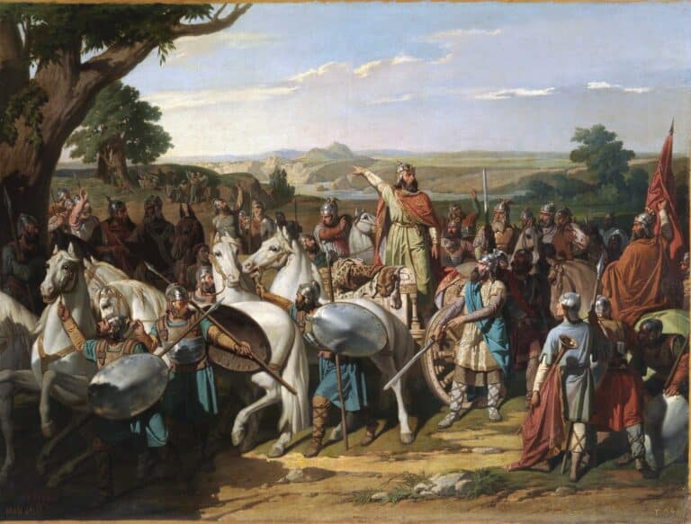 El rey Don Rodrigo arengando a sus tropas en la batalla de Guadalete , huile sur toile, par Bernardo Blanco y Pérez (1871). Actuellement au Musée du Prado, à Madrid (Espagne).