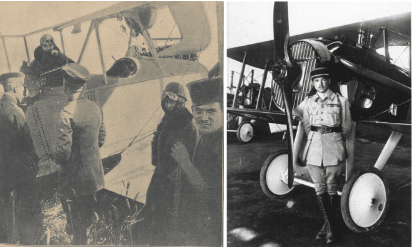 René Fonck discutant avec l'équipage allemand prisonnier le 6 août 1916 - La Guerre aérienne, BNF (à gauche) Fonck en 1918 devant son SPAD XVII - Service Historique de la défense (à droite) | Domaine public