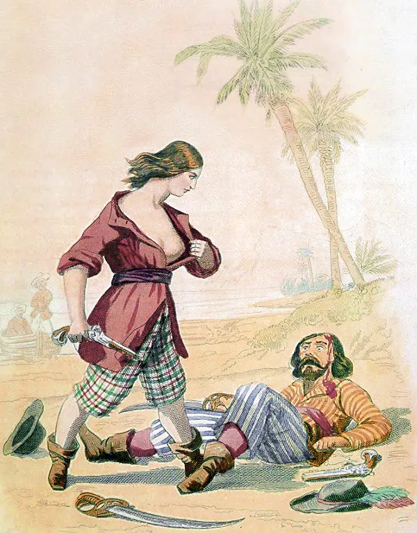 Mary Read dévoile sa véritable identité à une victime qu'elle s'apprête à achever Gravure d’Alexandre Debelle tirée du livre de P. Christian, Histoire des pirates et corsaires de l’Océan (1846) - Alexandre Debelle | Domaine public
