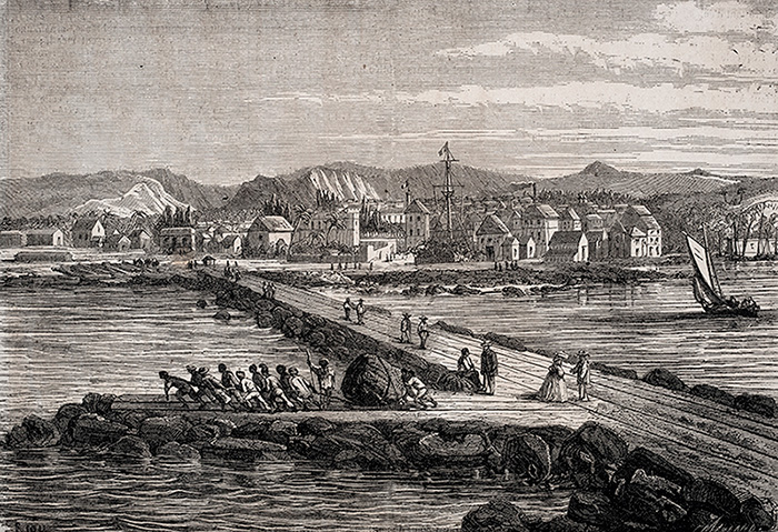 Travaux exécutés au port de Saint-Pierre (île de la Réunion). Biou, graveur, Maurand, graveur ; d’après M. Roussin. In « Le Monde Illustré ». 1861. Estampe