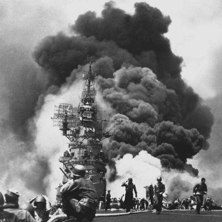 USS Bunker Hill touché par deux kamikazes, le 11 mai 1945 au large de Kyūshū - U.S. Navy | Domaine public