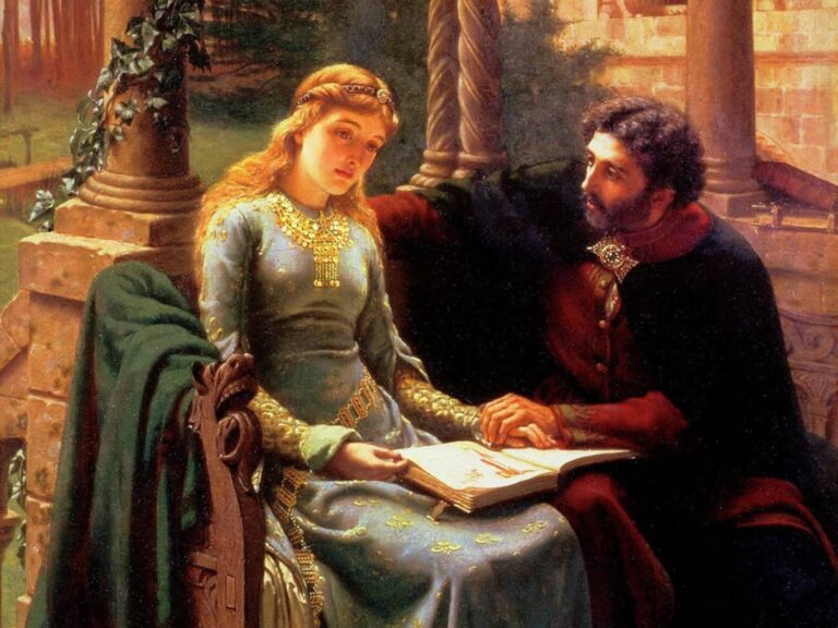 Pierre Abélard qui enseigne à sa jeune élève et amante, Héloïse (1882) - Edmund Blair Leighton | Domaine public