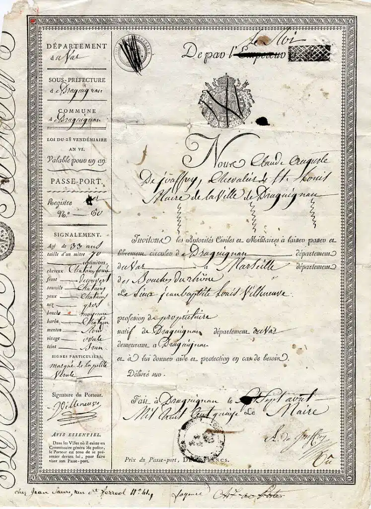 Passeport français de 1815 tiré des archives de la famille De Clarens, montrant une réglementation des voyages - Archives de la famille De Clarens | Creative Commons BY-SA 3.0