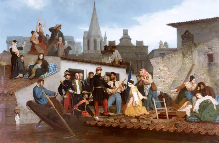 3 juin 1856. Napoléon III accompagné d’un ministre et de deux généraux, visitant en barque les sinistrés de Tarascon lors de l’inondation de mai-juin 1856 - William Bouguereau | Domaine public