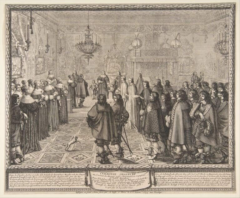 Cérémonie du contrat de mariage entre Władysław IV, roi de Pologne, et Marie Louise Gonzague, princesse de Mantoue, à Fontainebleau - Abraham Bosse | Domaine public