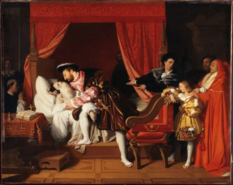 "François Ier reçoit les derniers soupirs de Léonard de Vinci". Huile sur toile, 1818. Musée des Beaux-Arts de la Ville de Paris, Petit-Palais - Jean-Auguste-Dominique Ingres | Domaine public