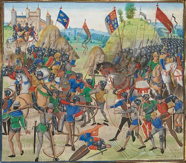 Enluminure de la bataille de Crécy, Chroniques, Jean Froissard, XVe siècle, conservé à la Bibliothèque Nationale de France.