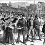Des gardes de Pinkerton escortent des briseurs de grève à Buchtel, 1884 - Joseph Becker | Domaine public